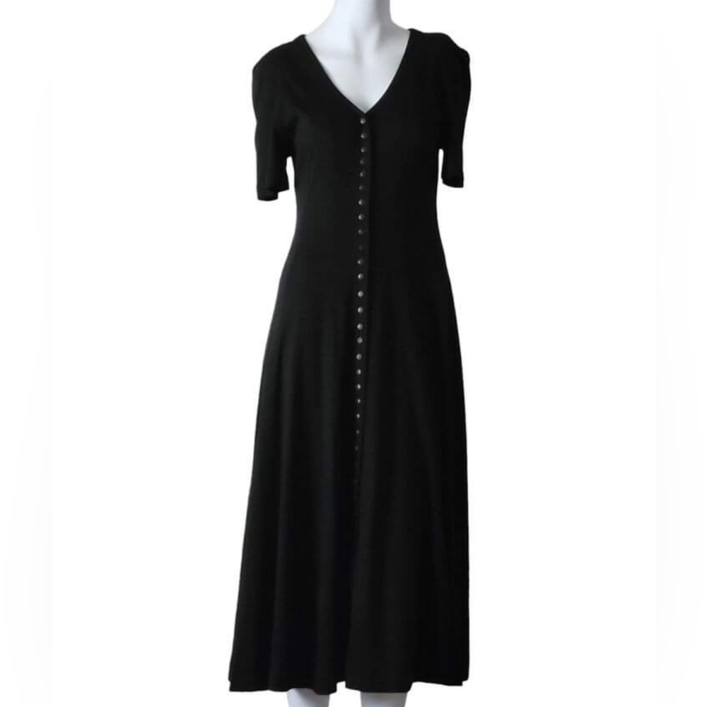 Diane Von Furstenberg Black Button Front Short Sleeve V Neck Midi Dress Size S